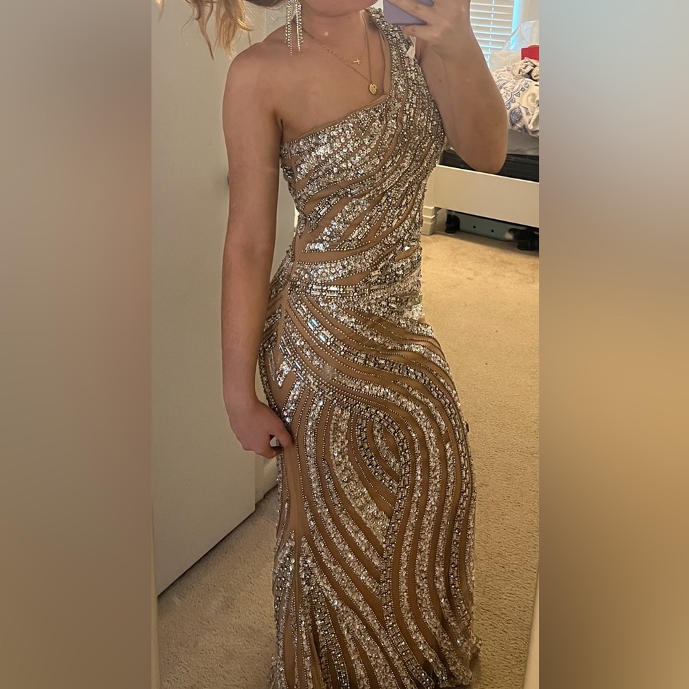 Prom Dress/ Pageant Dress Terani Couture Beaded One Shoulder Long Sleeve Sheath